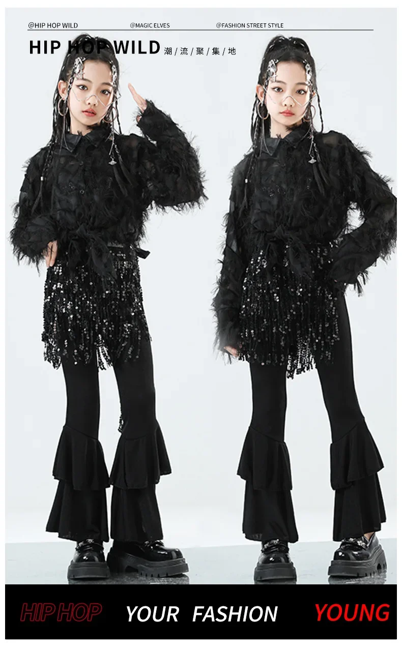 Mädchen Western-Style Performance-Outfit Jazz-Tanzkostüm mit Federn und Strass Glänzende Kinder-Bühnen-Partykleidung – Detail 1