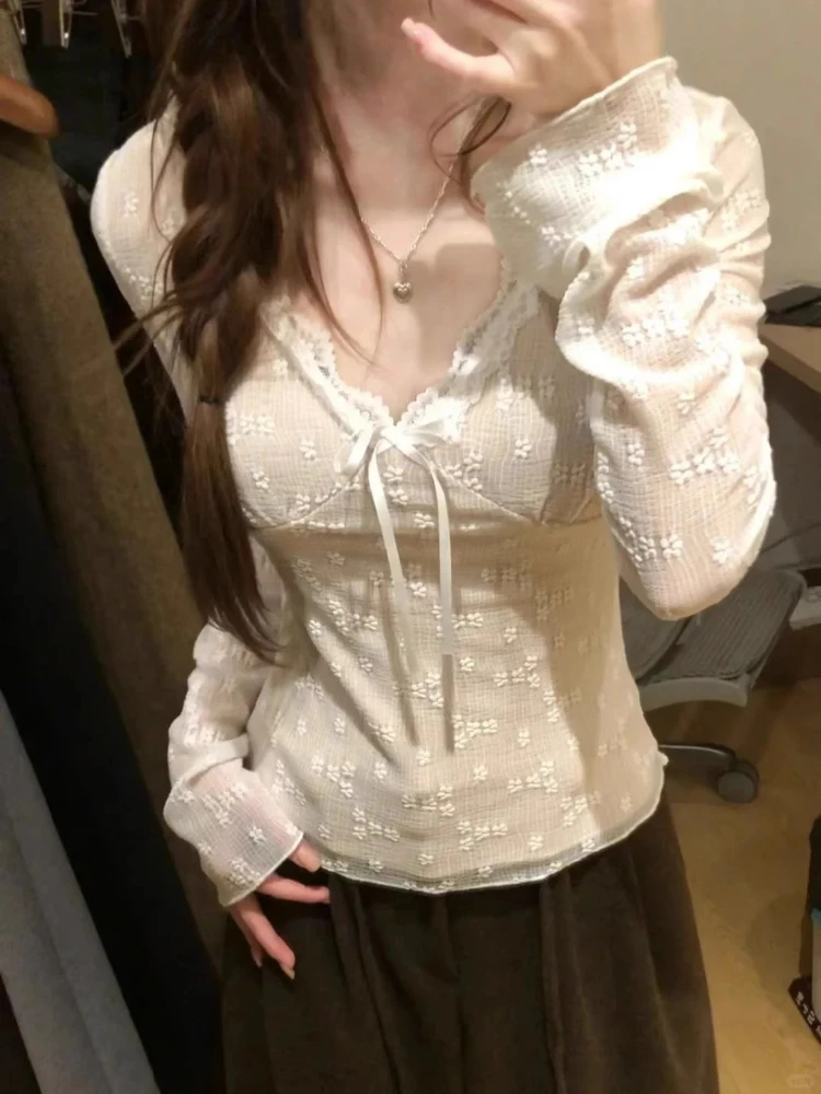 

Осень 202, кружевная жаккардовая футболка Fairy Grunge, женская футболка Y2k, эстетические футболки с расклешенными рукавами, Harajuku, винтажные сексуальные облегающие топы с бантом