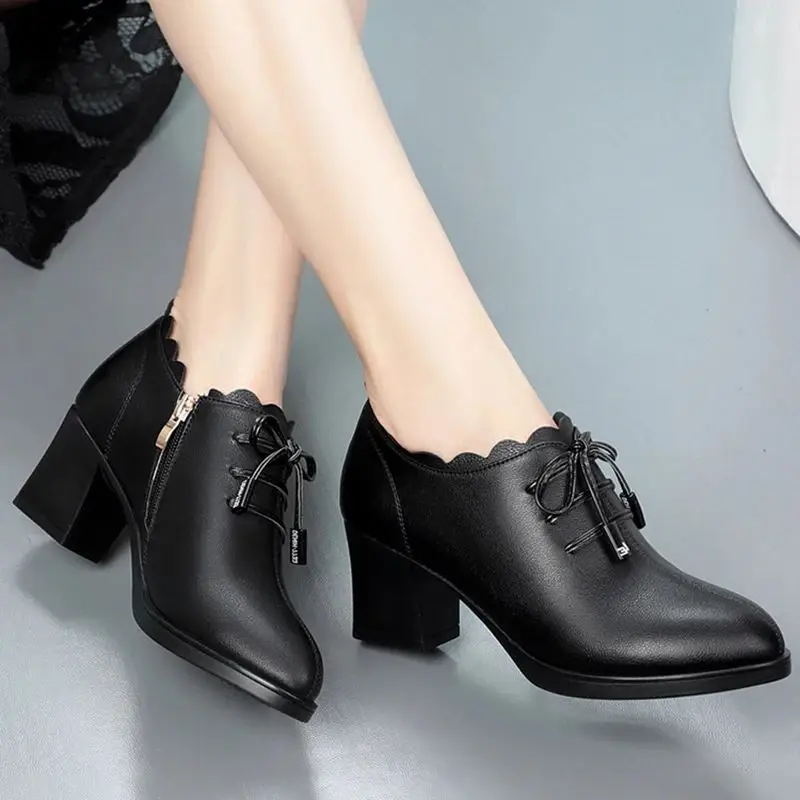 Leather Shoes 2024 Zipper Shallow Mouth Real Cowhide Short Boot Middle Heel Women\'s Ankle Boots Apricot Grace Black Office Work