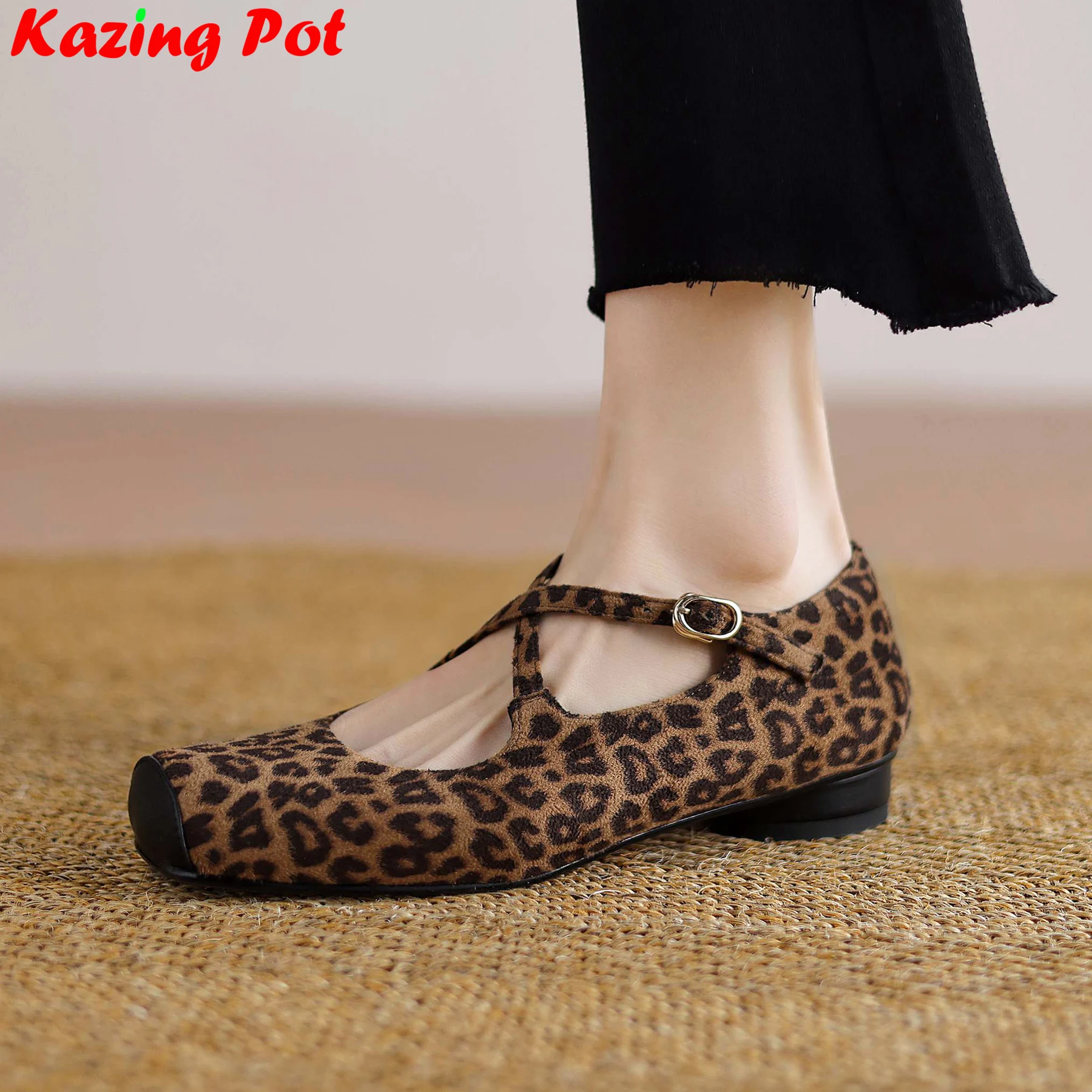 Krazing Pot Big Size Fabric Square Toe Low Heels Spring Summer Dance Shoes Shallow Mary Janes Office Lady Catwalk Women Pumps