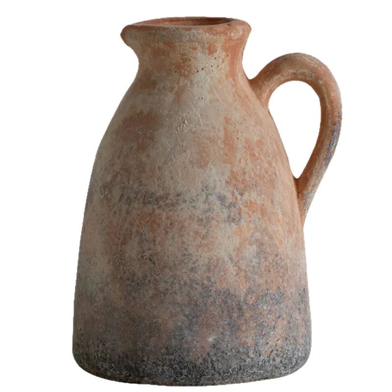 Vintage coarse pottery vase with handle pottery pot medieval home flower ware ceramics
