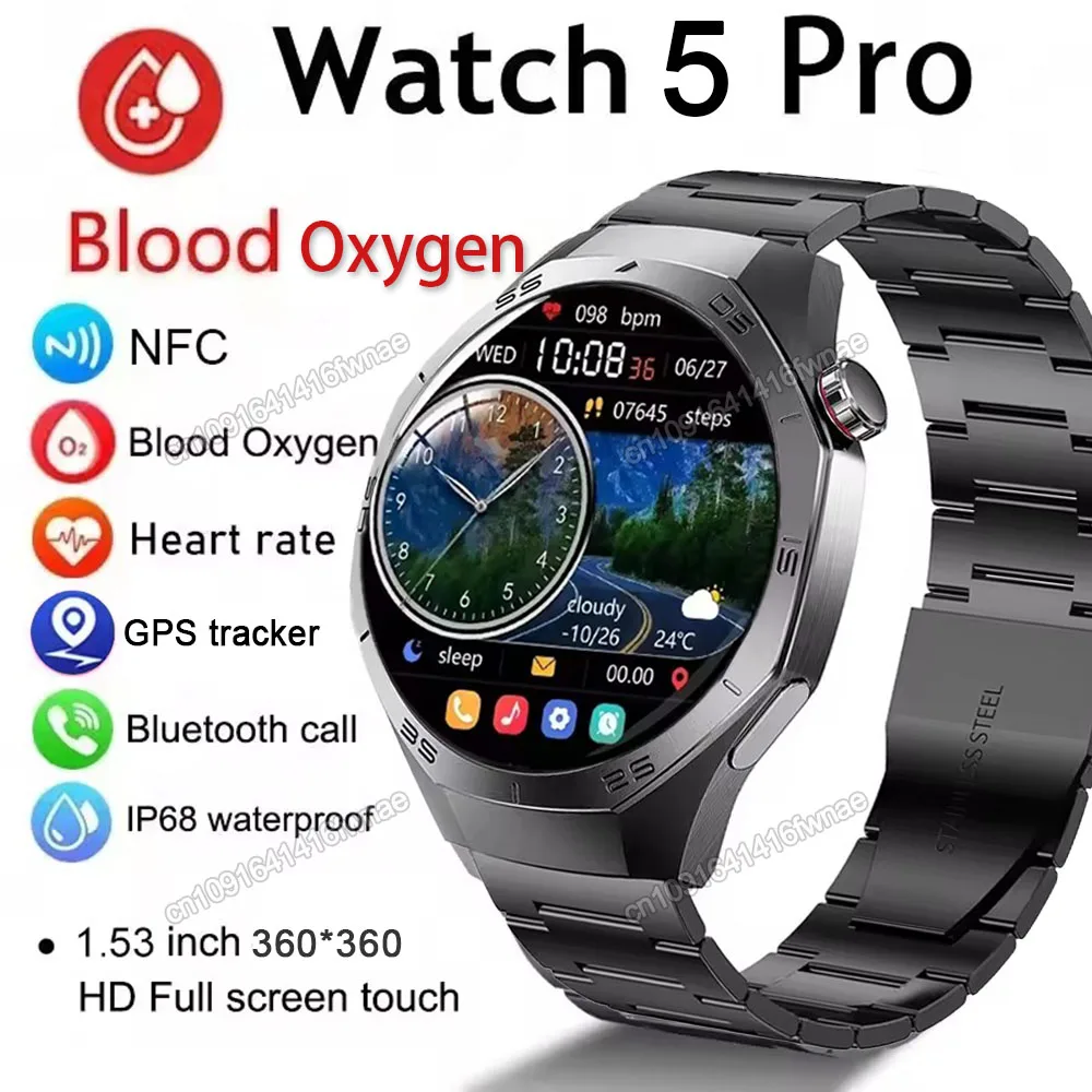 

New Watch 5 Pro GPS NFC Smart Watch Men HD AMOLED Screen Heart rate Bluetooth Calls IP68 Waterproof Sports Man Smartwatch Gifts