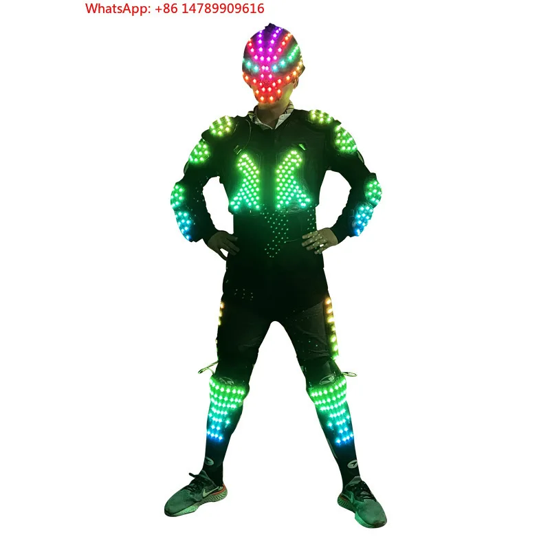 

LED Luminous Robot CostumeLED Robot Armor Helmet Costume For Men Luminous Light-Up Dance Peorce Wear For Stage For New Year Ra