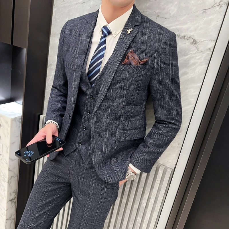 2023 Men's British Fashion Three-piece Set Slim Fit Suit Vest Trousers Ensemble Handsome Trendy All-in-one Banquet Blaze 17 S01618e18ab0243aba45862d4c290855aL