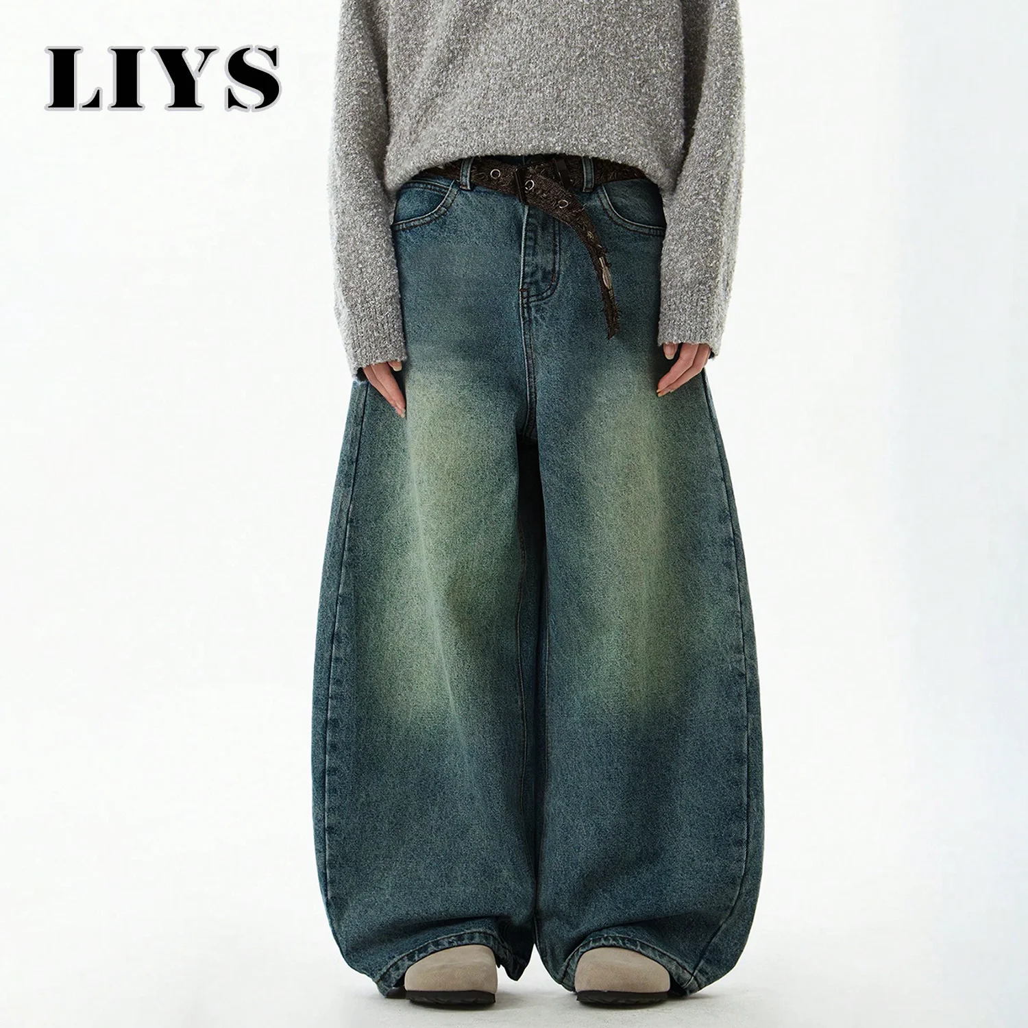 ملابس رجالية زرقاء واسعة الساق من قماش الدنيم السراويل الفضفاضة الجينز خمر ثلاثي الأبعاد قطع منحني سكين الجينز فضفاضة تناسب الصيف الاتجاه الجديد