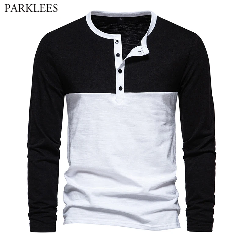 

Black White Patchwork Henley T Shirt for Men 2023 Autumn New Long Sleeve Button Down T Shirts Mens Casual Basic Tee Shirt Homme