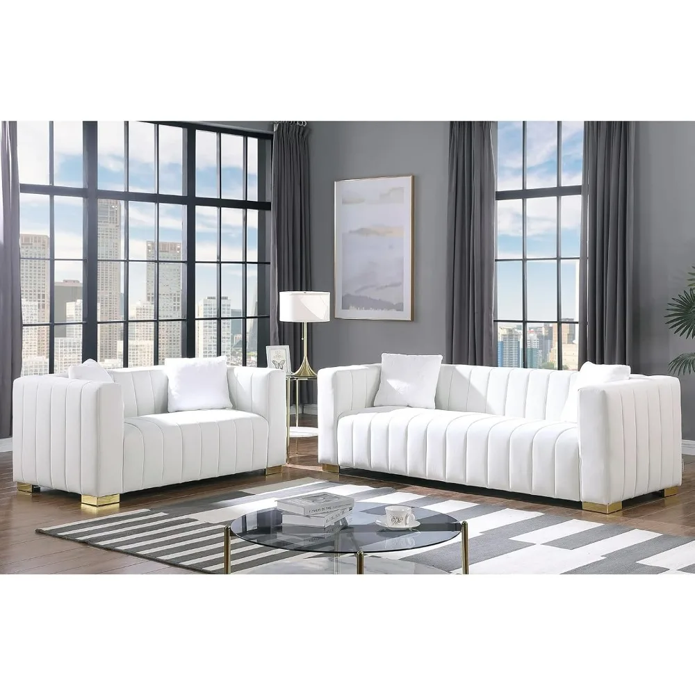 2 Pcs Living Room Sofa Set Loveseat and 3-Seater Sofa Couch with Channel Tufted Velvet Fabric, 4 Pillows, Furniture Sets