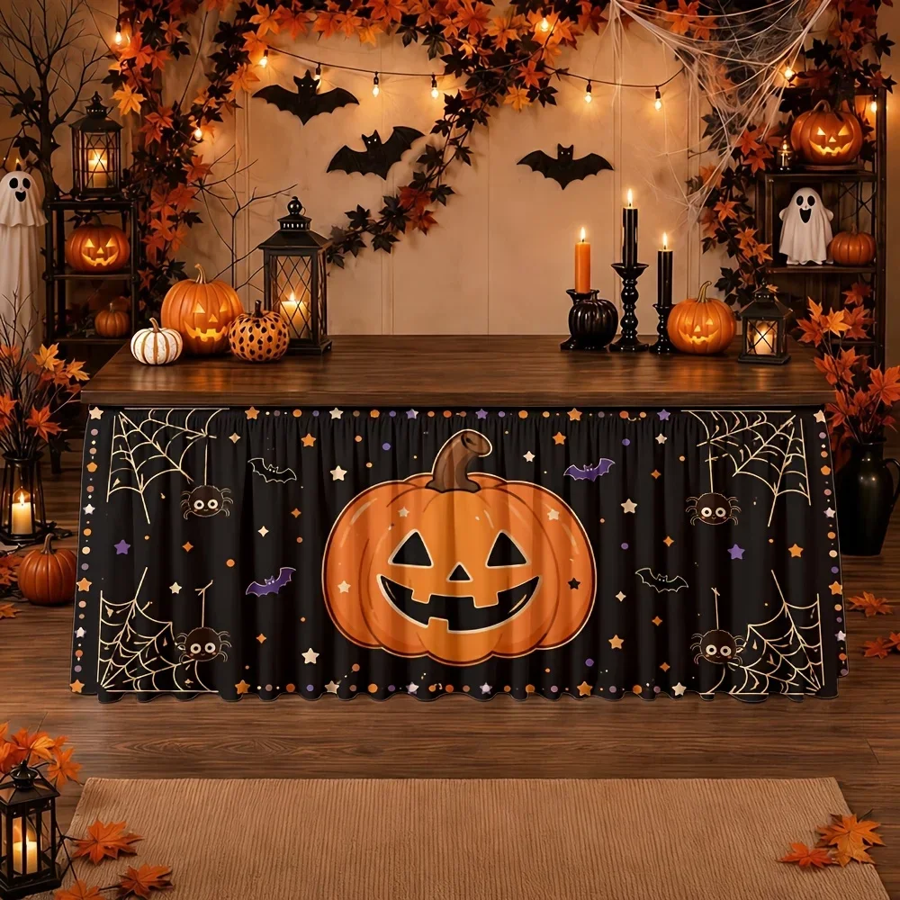 Send a tablecloth and table skirt 1 piece. Halloween. Pumpkin. Spider web. Stars. Bat. Decoration. Polyester.xzj