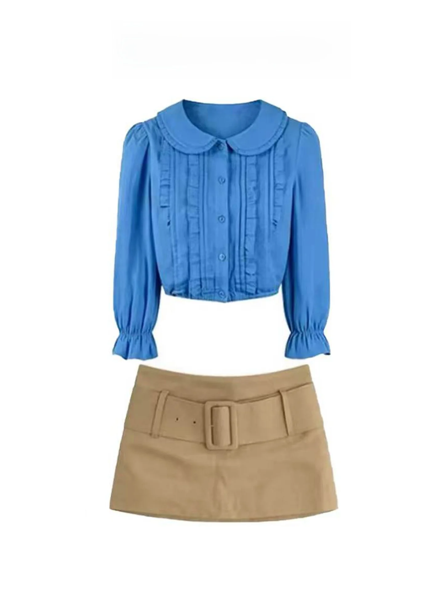 Klein Blue Sweet Young Doll Collar Shirt And Khaki Workwear  Skirt Two Piece Set for Women Summer Casual Fashion Ensemble