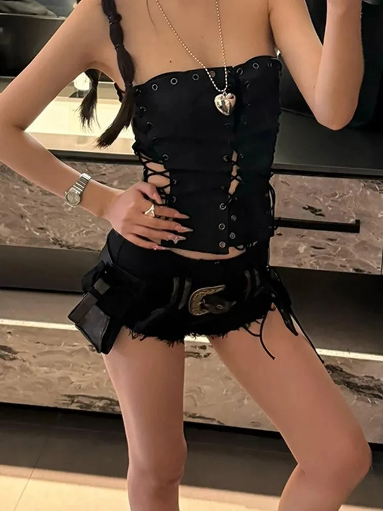 Amerikaanse Vintage jaren 2000 Zwarte High Street Sexy Shorts Persoonlijkheid Praktische Y2k Esthetische Punk Girl Bottom Harajuku Korte Broek