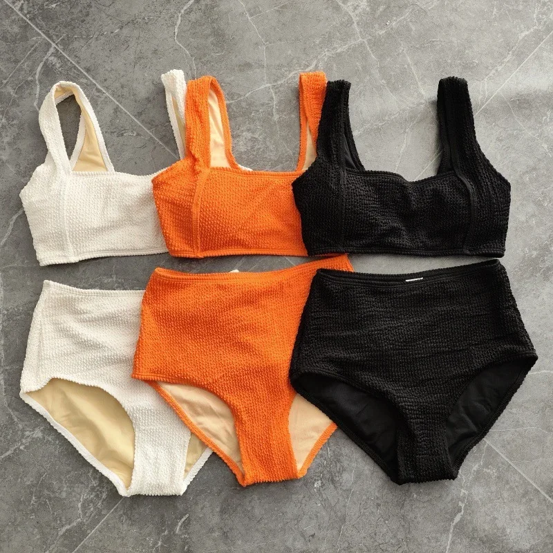 

New Orange White Black Bikini High Waist Two Pieces Swimsuit Women Swimwear Beach Wear Bathing Suit Korean Pool Bather 2024