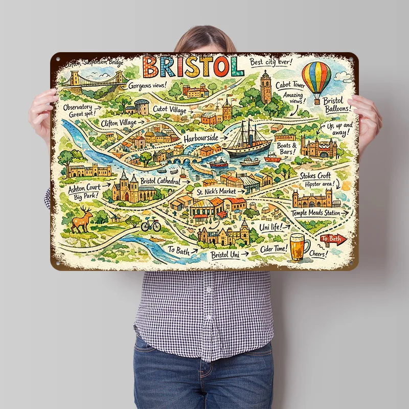 Illustrated Map of Bristol Tinplate Poster Customized Wall Art Retro Vintage Metal Signs for Fans Decoration Home Decor Items
