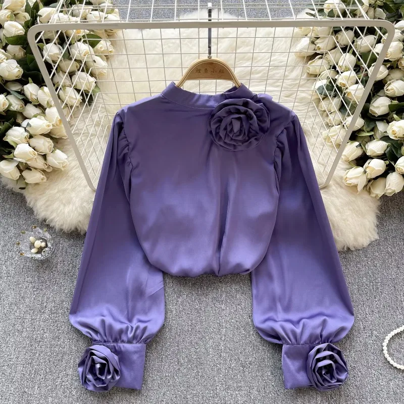 Chic Elegant Satin Three-dimensional Floral O Neck Long Sleeve Loose Top Vintage Korean Fairy Crop Top Autumn Women Clothing