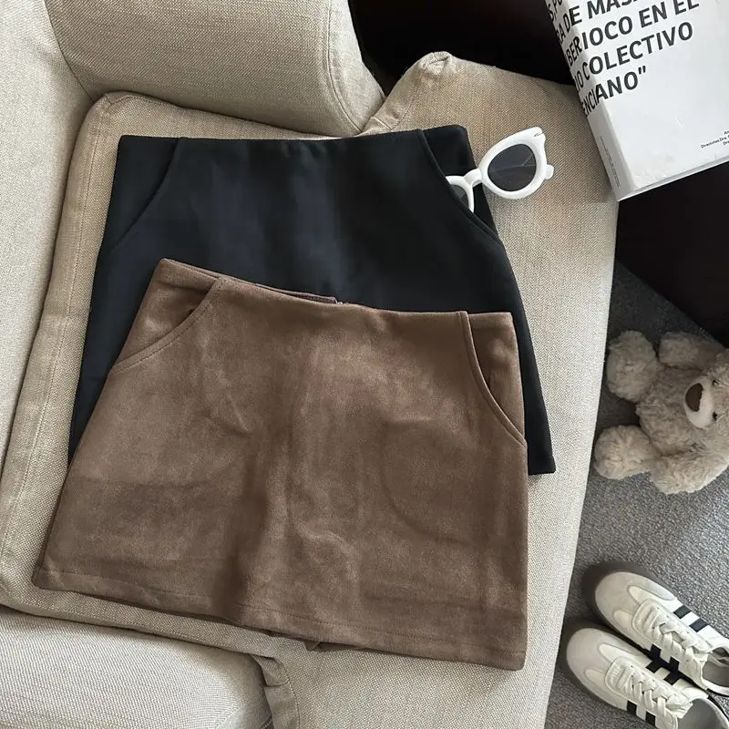 

Замшевая юбка на бедрах с низкой посадкой в стиле ретро, женская осенне-зимняя тонкая юбка с высокой талией, короткая юбка со словом А