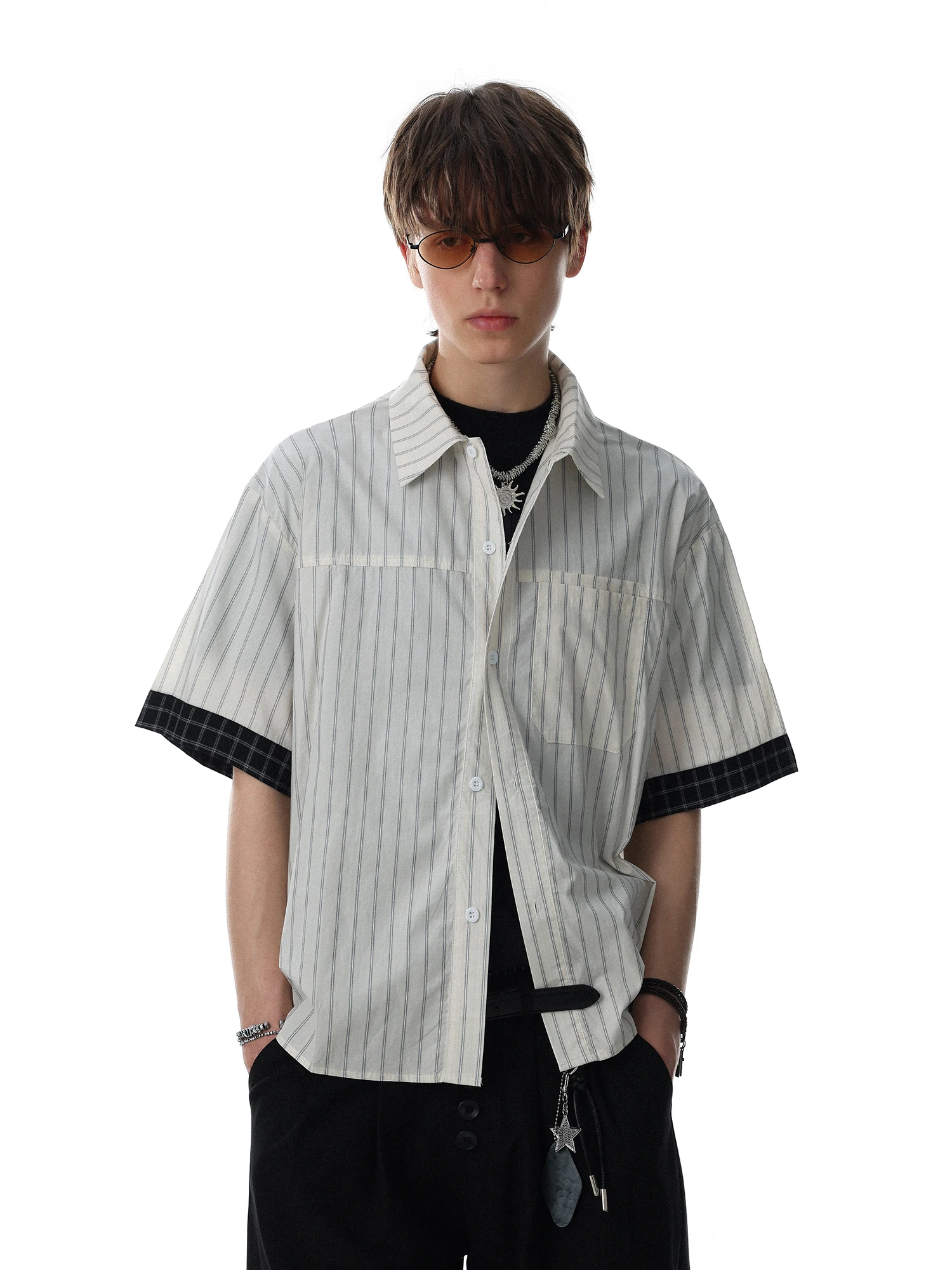 MRNEARLY American Retro Striped Patchwork Short Sleeve Casual Shirt Men's Loose Color Block Cotton Summer Shirt