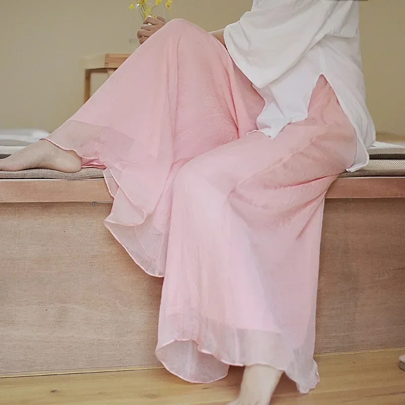Pantalon Vintage en Coton et Lin pour Femme, Vêtement à Jambes Larges, Grande Taille, Blanc, Style Chinois, brevÉlégante, Été