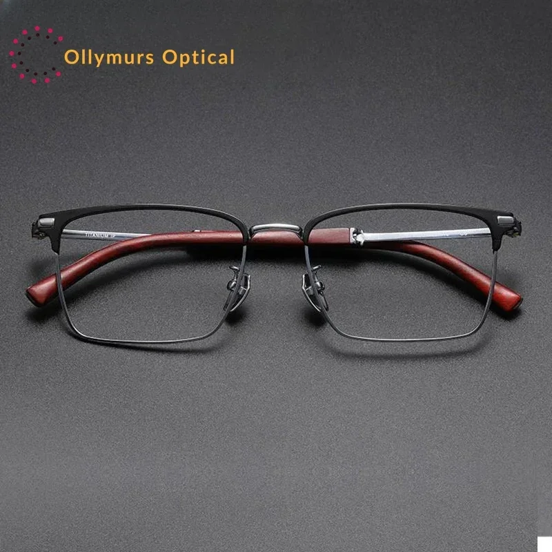 

Ollymurs Men Titanium Red Samdalwood Eyewear Top Quality Frame High End Glasses Gentlemen Light Weight Optical Prescription Spec