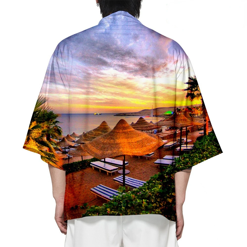 

Summer Coconut Tree Print Kimono Unisex Hawaiian Shirt Yukata Beach Landscape Tops Fashion Bathrobe Loose Personality Clothes