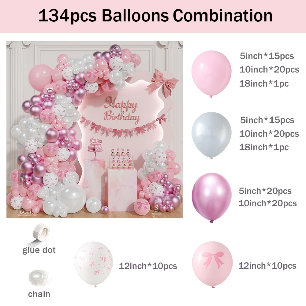 134pcs Pink Bow Theme Balloon Garland Arch Pink White Latex Balloons for Wedding Birthday Party Supplies Baby Shower Decor