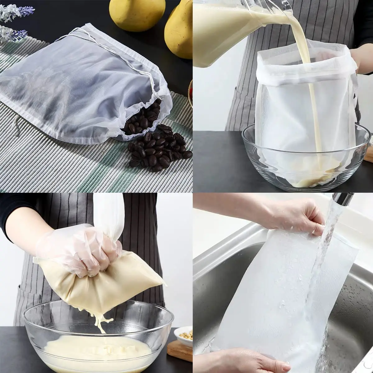 4Pcs Nut Milk Bags for Straining Reusable Nylon Nut Bag for Soy Milk Juice Greek Yogurt Coffee Brew Brewing Strainers Filter