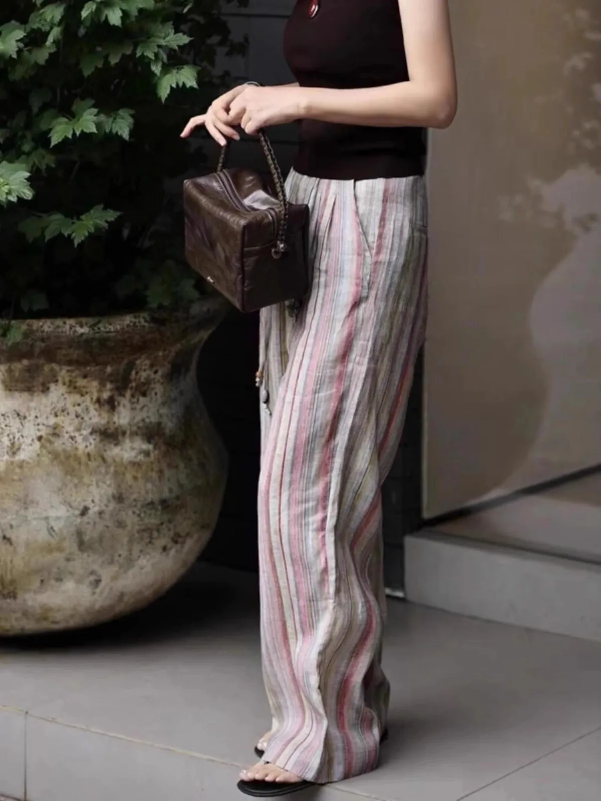 Pantaloni Casual Estivi 2025 Nuovi, Morbidi e Larghi a Righe in Cotone e Lino da Donna, a Vita Alta, Gamba Larga, Effetto Snellente