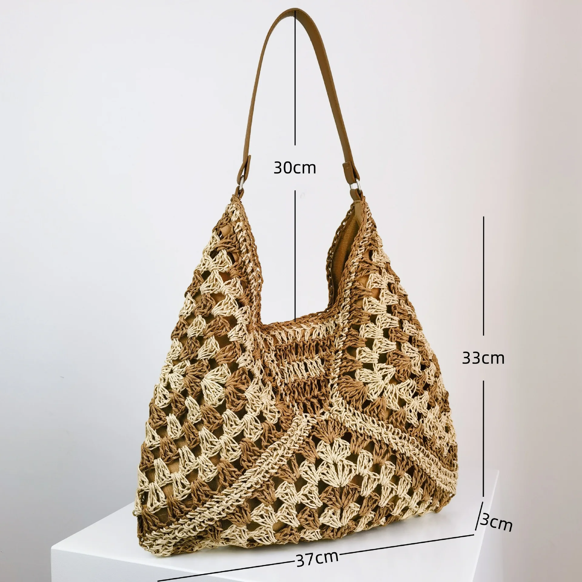 Women's handmade straw openwork bag, large capacity retro vacation woven shoulder bag, casual beach handbag