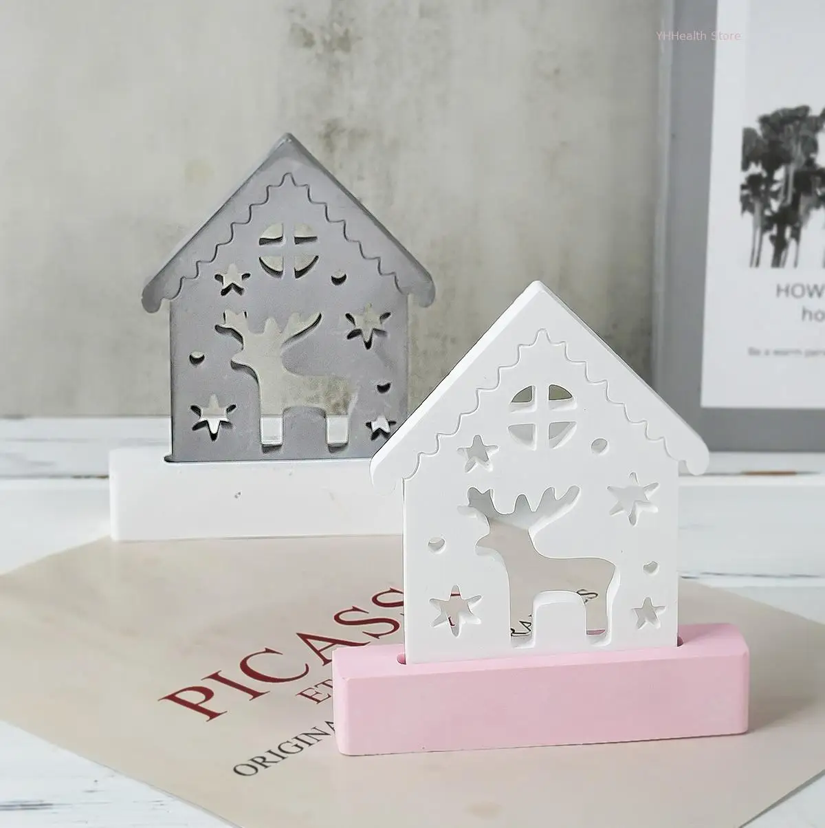 Elk House Candle Holder Silicone Mold DIY Window Houses Light Candlestick Craft Gift Making Epoxy Resin Gypsum Mold Home Decor