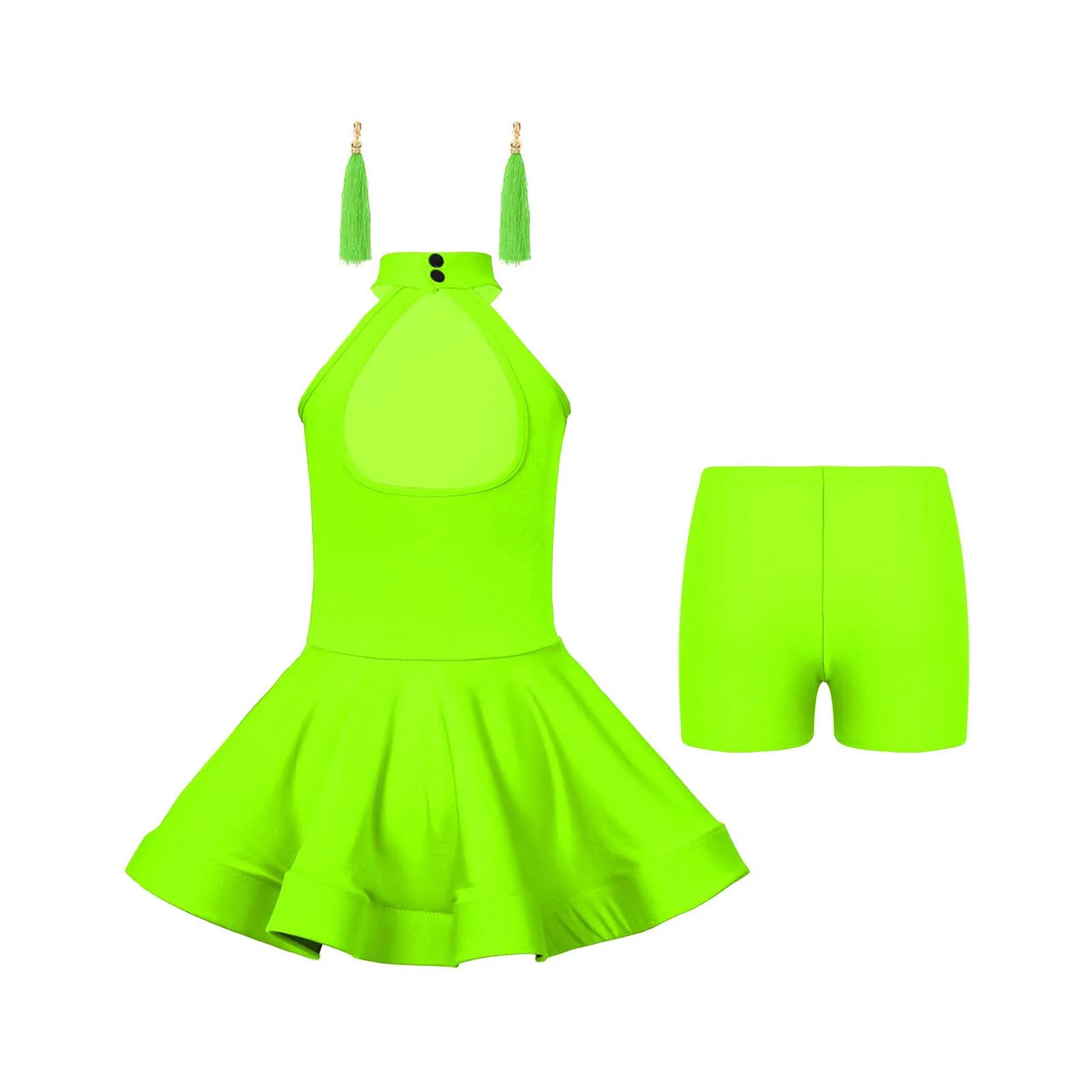 Kids Girls Latin Dance Costume Professional Competition Latin Dress With Boxer Shorts And Tassel Earrings Set Performance Outfit