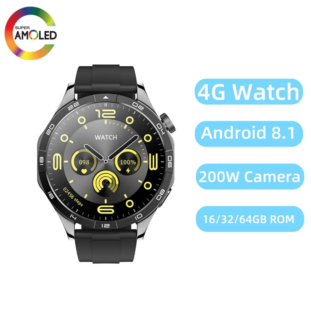 

4G Smart Watch 1.43'' AMOLED Screen 200W Camera 4G SIM Call Precise Positioning Heart Rate Monitoring 128GB Android Smartwatch