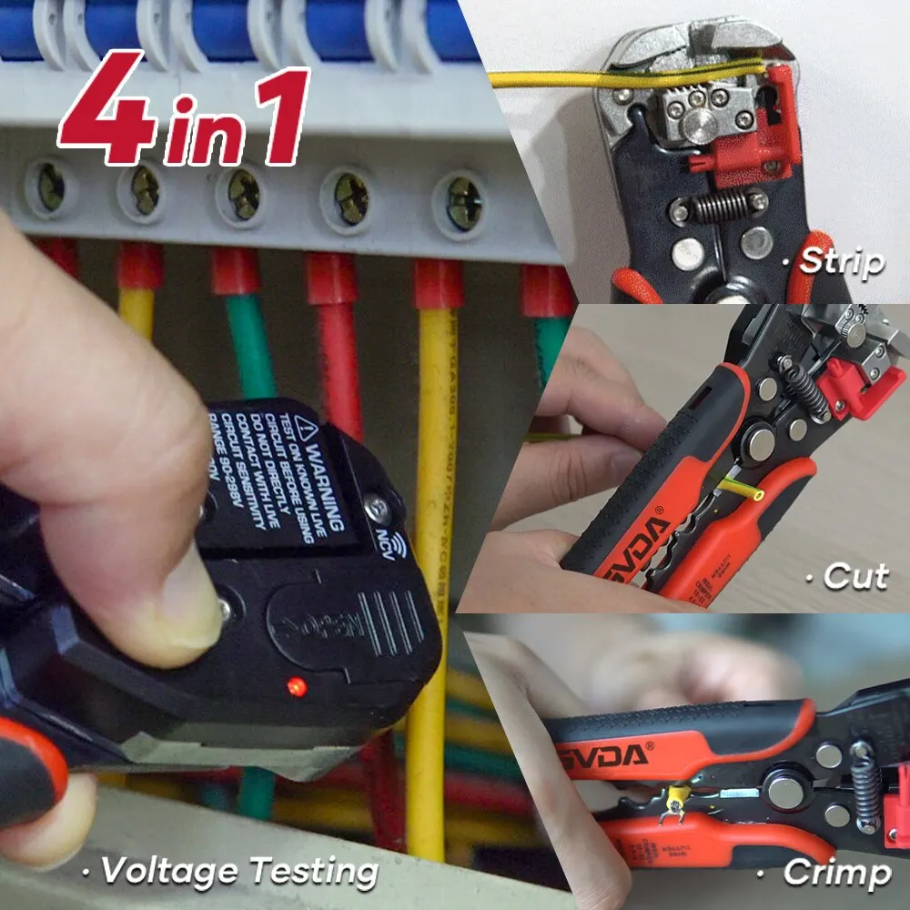 GVDA 4 in 1 Automatic Wire Stripper Crimper Cable Cutter Multifunctional Stripping Crimping Pliers Non Contact Voltage Detector