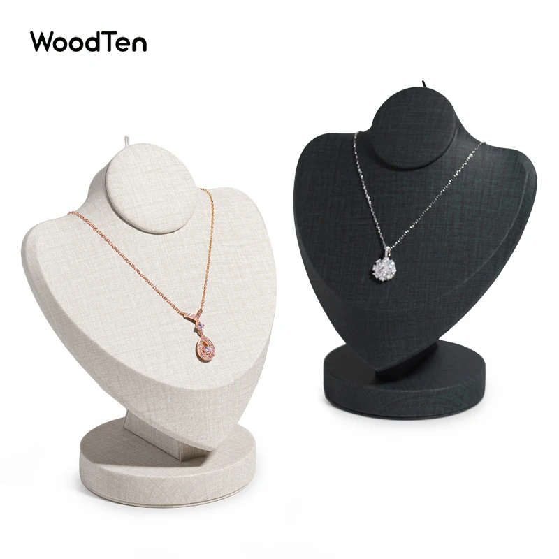 WoodTen Jewelry Display Stand for Necklace Pendant Jewelry Accessories with Beige Dark Grey PU Leather Jewelry Showing Shelf