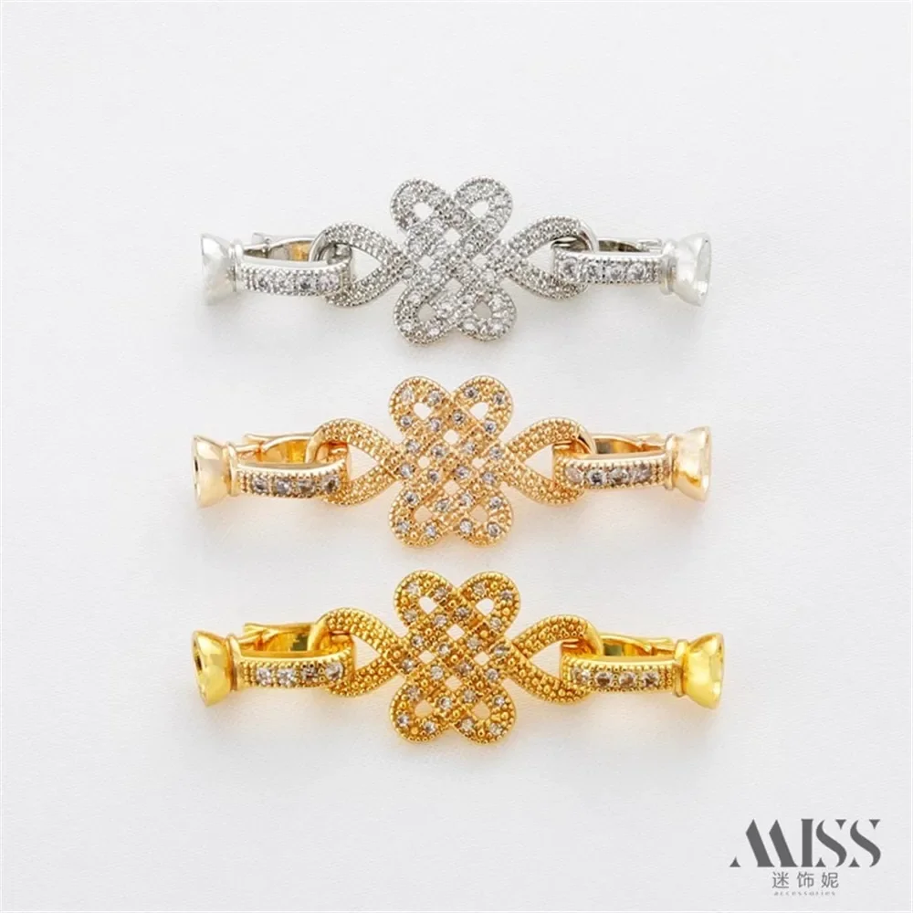 14K Gold Inlaid Zircon Chinese Knot Connection Buckle Double Buckle Head DIY Pearl Bracelet Necklace Accessories