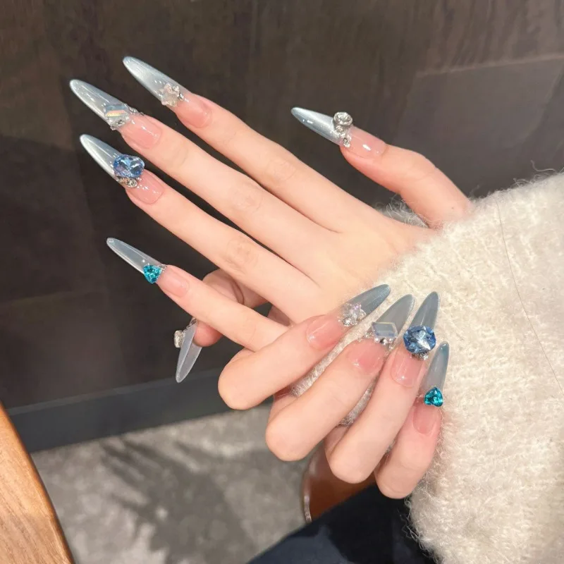 Handmade 2026 Blue French Nail Art Cat Eye Glue on Nails Rhinestone Nails Set Fake Long Almond Press on Nails with Box and Tools