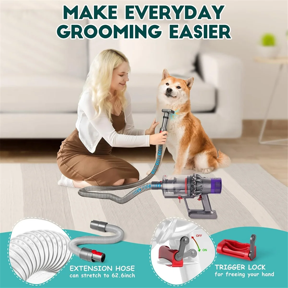 أداة العريس للحيوانات الأليفة + فرشاة الغبار + خرطوم تمديد مرن لفرشاة المكنسة الكهربائية دايسون V7 V8 V10 V11 V15
