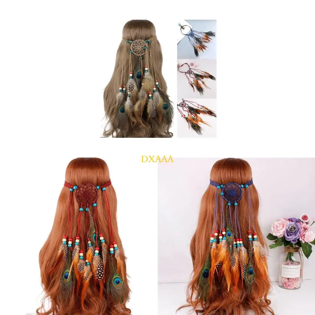

DXAA Hippie Bohemian Women Dreamcatcher Headband Indian Colored Beaded Artificial Pea