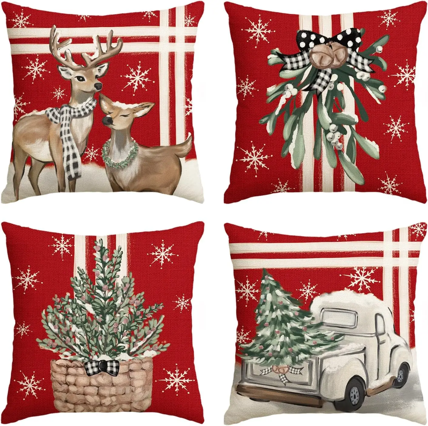 Christmas Tree Reindeer Truck Stripes Red Throw Pillow Covers, 18x18 Inch Winter Holiday Cushion Case Decoration for Sofa