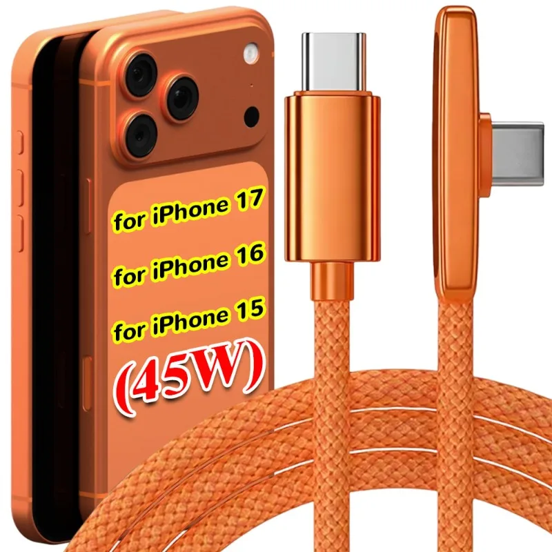 

USB C To Type-C Nylon Cables for iPhone 17Pro PD45W Quick Charging Data Line Right Angle Portable Type C Wire for iPhone 16/15