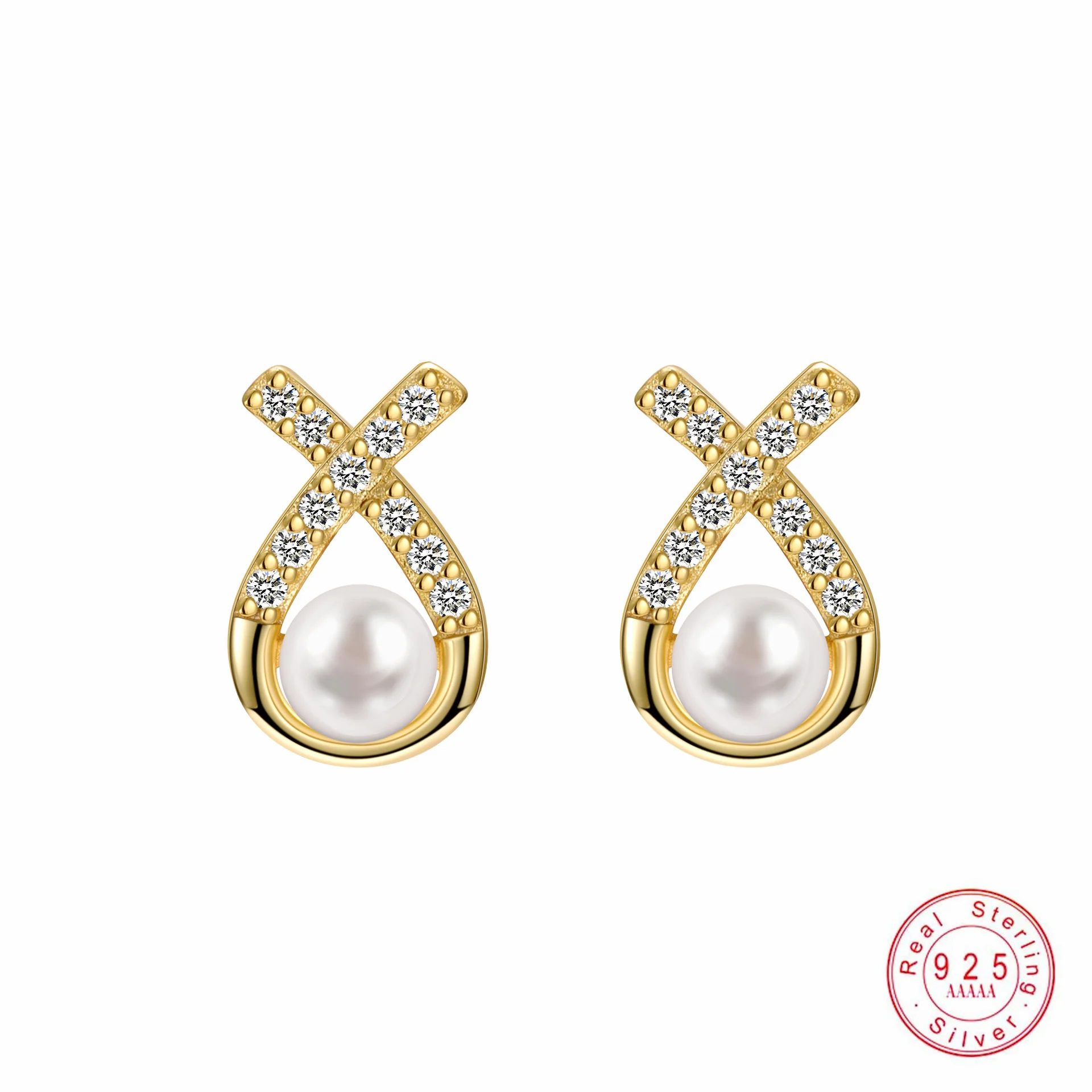 925 Sterling Silver Elegant Inlaid Zircon Cross Simulated Pearls Earrings Trendy Vacation Original Buckle Earrings For Women