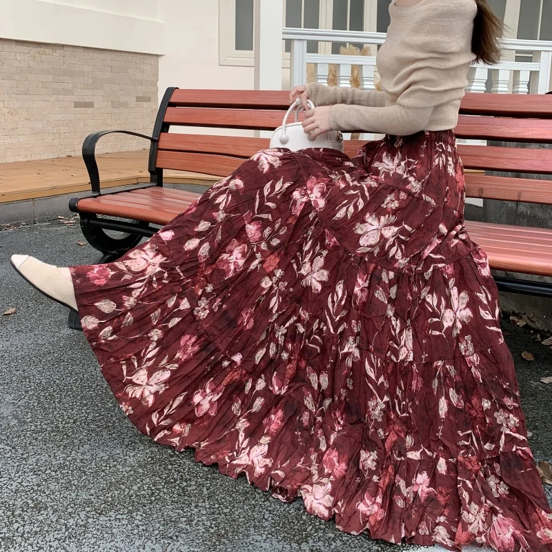 Red Floral Cake Half Skirt Women's Autumn Winter Loose A-Line Pleated Flower Large Skirt Long Skirt Splicing Citywalk Polyest...