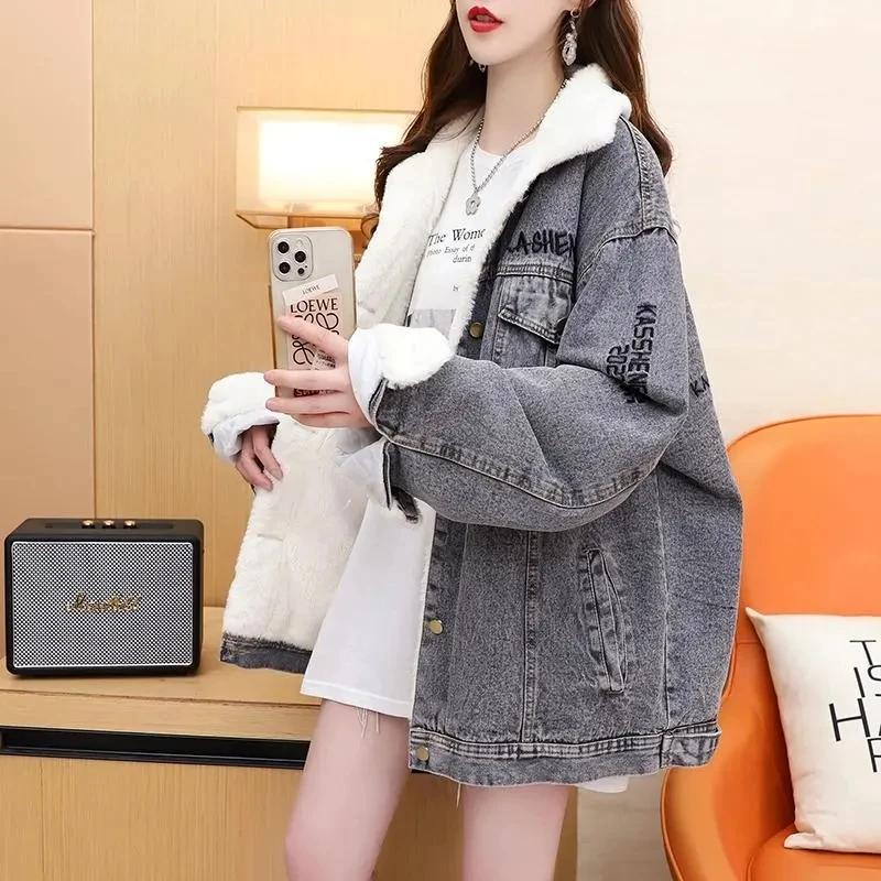 Plus velvev Thicken Denim Jacket Women\'s Outwear 2024 New Autumn Winter Vintage Loose Elegant Letter Warm Jeans Jacket Tops