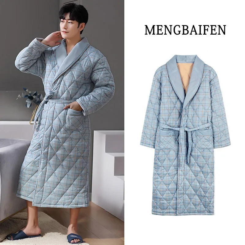 Winter Warm Pajama Robes Men Thickened Quilted Bathrobe Plaid Print Pajamas Plus Size Bath Robe Sleepwear Housecoats for Home