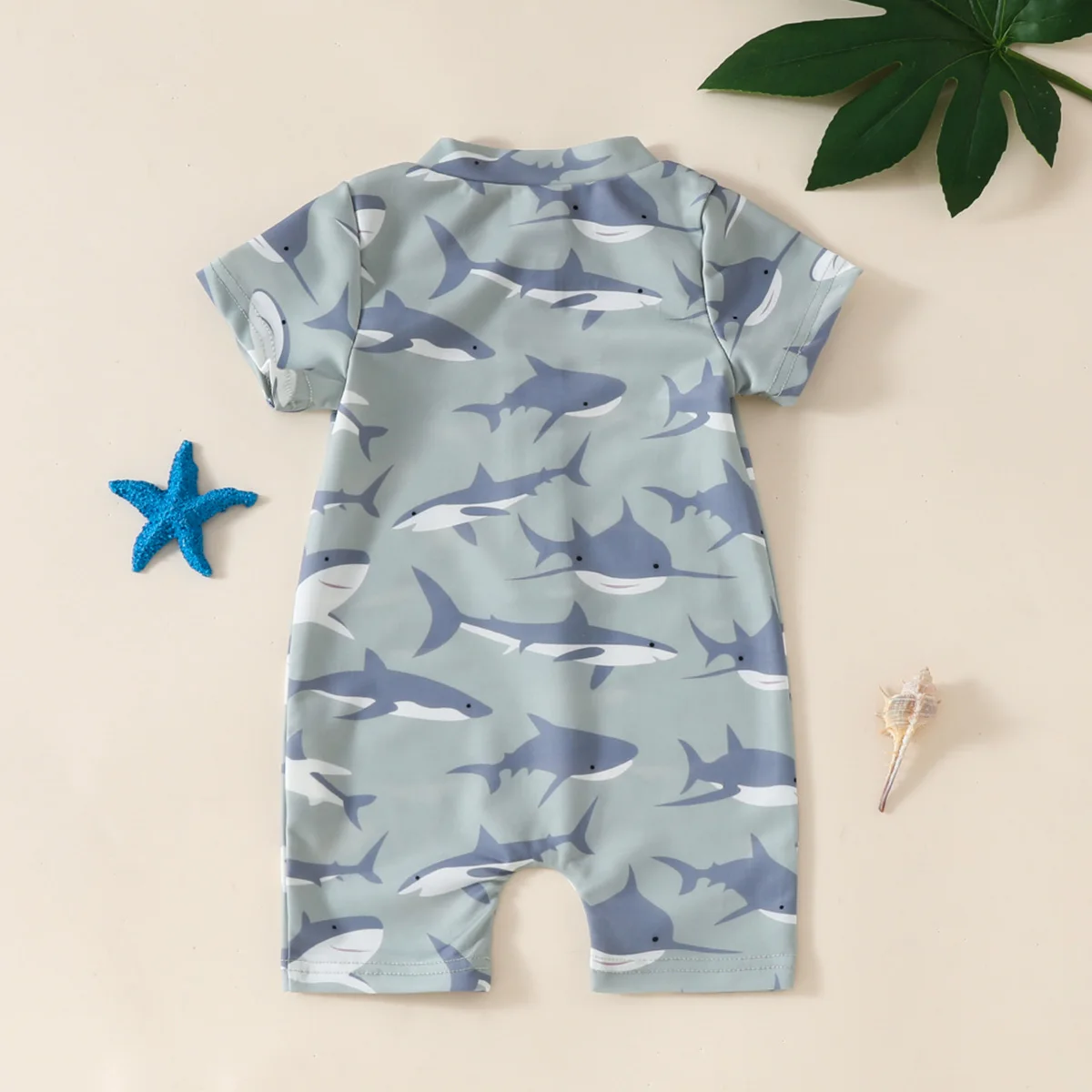 Baby Boy 3-6 Months Cartoon Shark Print Round Neck Front Zipper Cute Casual Seaside Vacation Short-Sleeved One-Piece Swimsuit