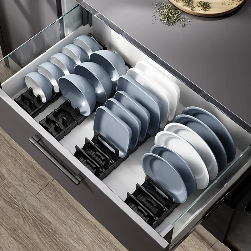 

Kitchen cabinet with built-in tabletop shelves, drawers, dishes, and plates, partition, storage racks, baskets, and built-in