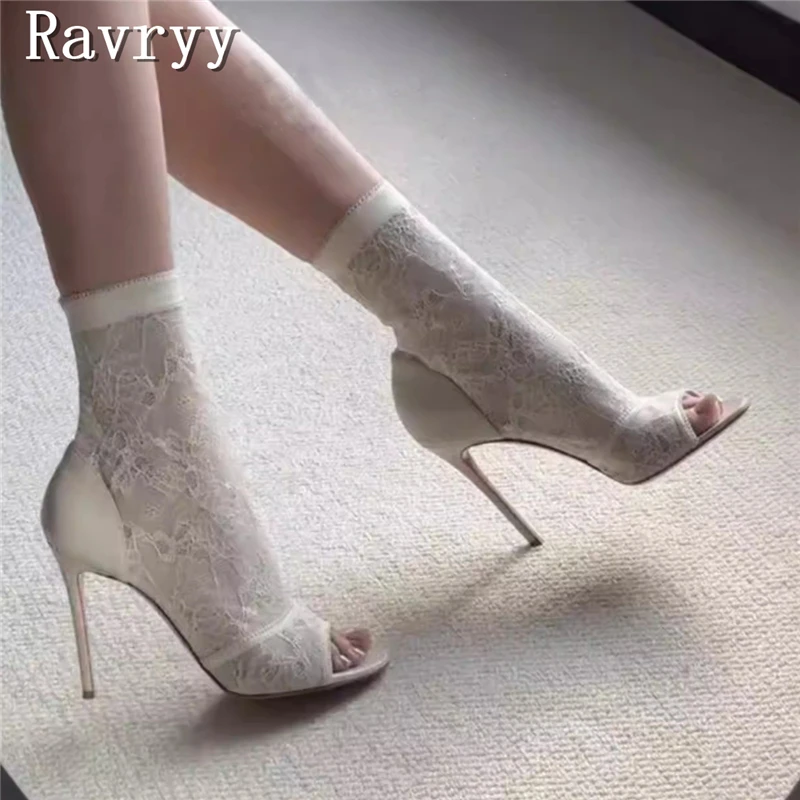 Luxury Design White Lace Elastic Summer Boots Women Summer New Peep Toe High Heels Sandals for Bridal Wedding Party