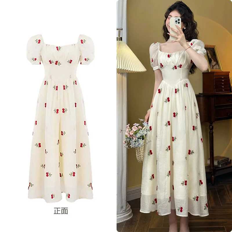 

2024 Summer New Bubble Short Sleeve Printed Dresses Women Sweet Seaside Holiday Fairy Dresses Waisted French Vintage Long Dress