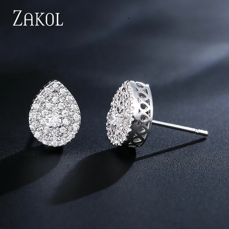 ZAKOL Simple Sliver Color Teardrop Cubic Zirconia Stud Earrings for Women Wedding Dinner Anniversary Jewelry EP2373