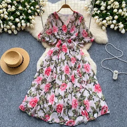 Sexy Chic v neck puff sleeve pleated print Dress Elegant Korean Fashion Slim Summer vintage sweet dresses