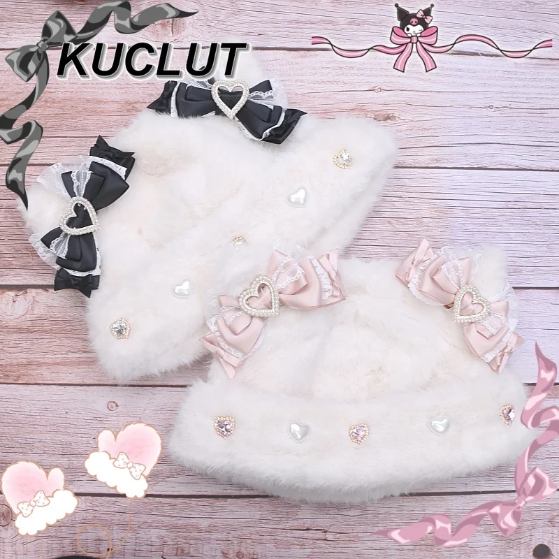 Original Lolita süße schwere Handwerksschleife importierte Spitze Strass flauschige Mütze für Frauen Herbst und Winter warme Damenmützen