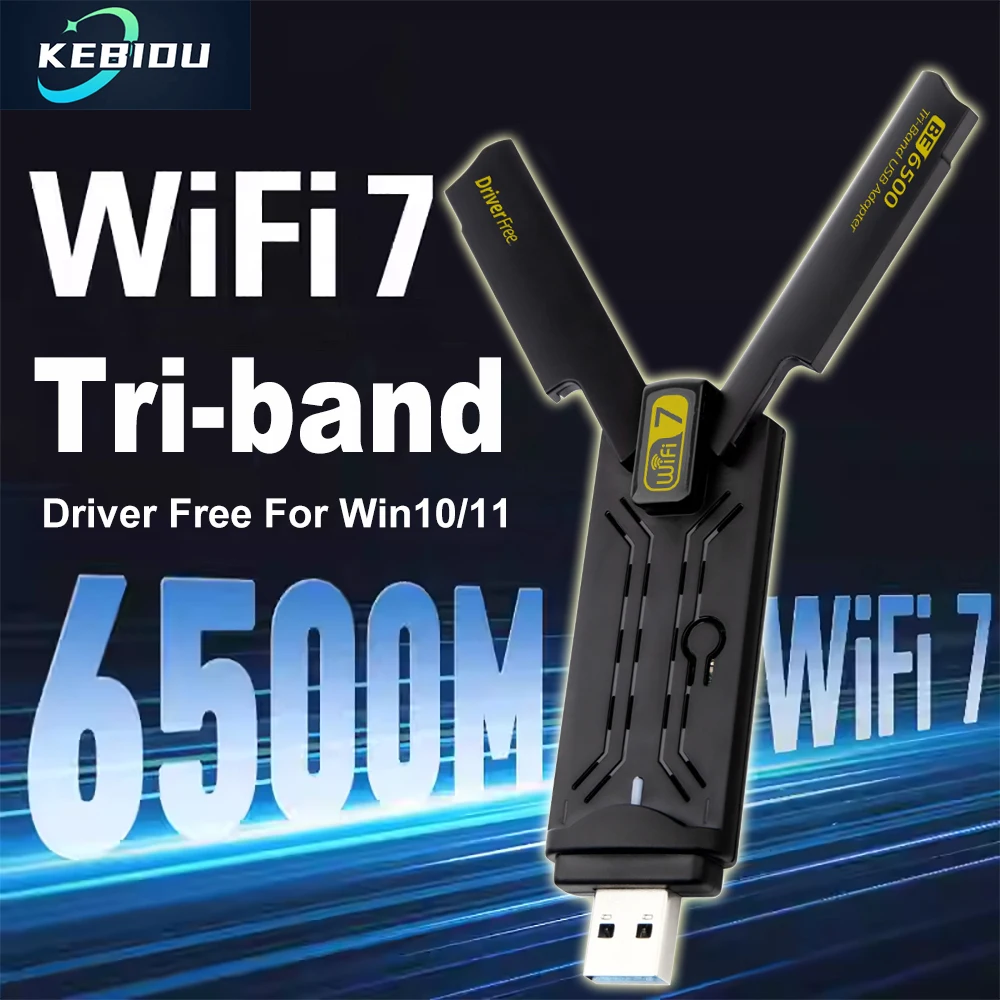 

WiFi 7 USB Adapter BE6500 2.4G/5G/6GHz Tri-band USB 3.0 Wireless Network Card 6500Mbps 802.11BE Free-Driver For Win10/11 Laptop