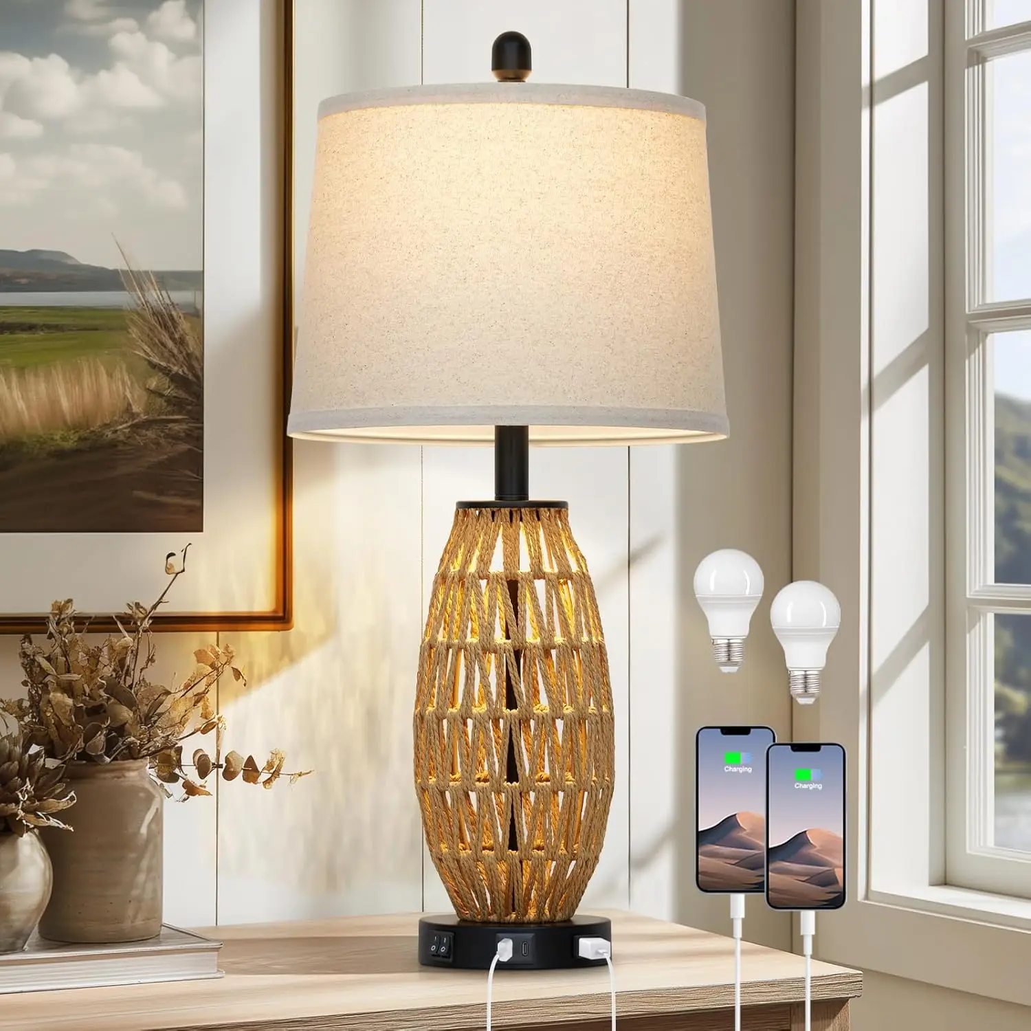 27" Boho Rattan Table Lamp with USB Charging, AC Outlet, Night Light for Bedroom and Living Room